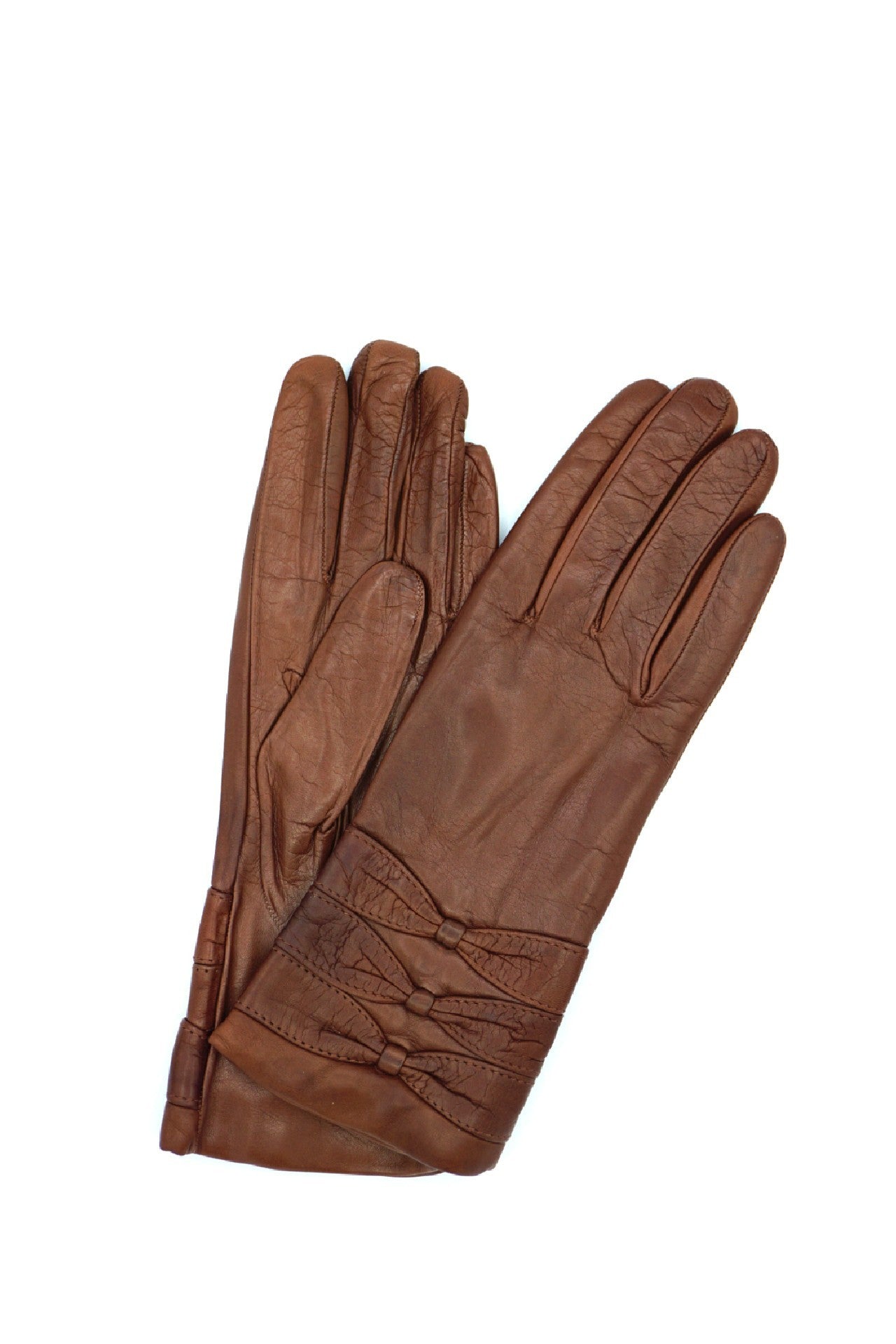 1629 Kid Leather Cashmere Lined Three Bow On Wrist Cognac